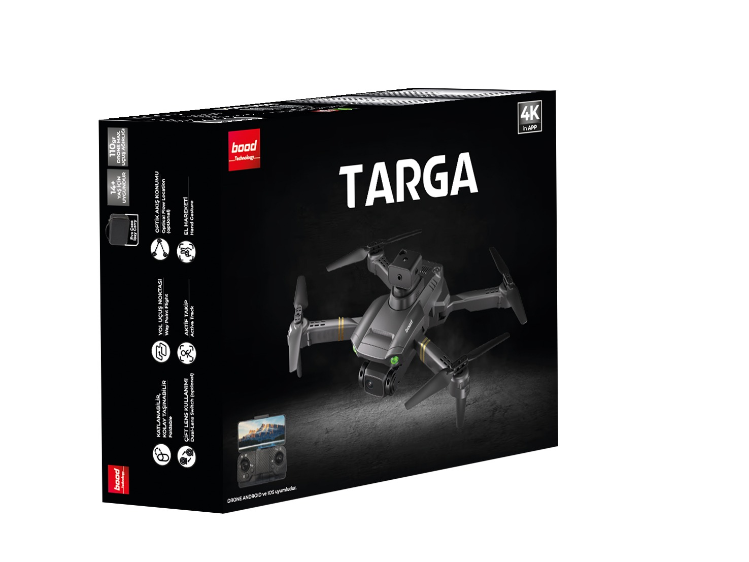 Drone kutusu, drone illüstrasyonu, TARGA ürün adı ve özellik simgeleriyle.