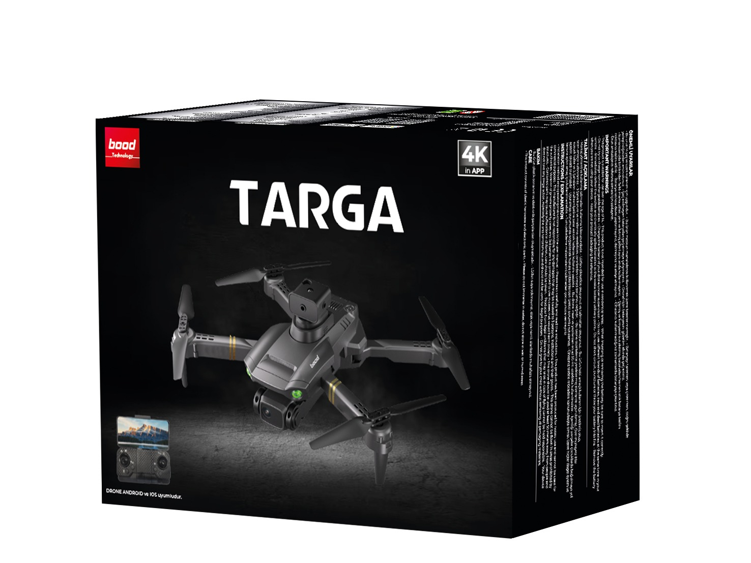 "Targa" yazan bir kutuda siyah bir drone.