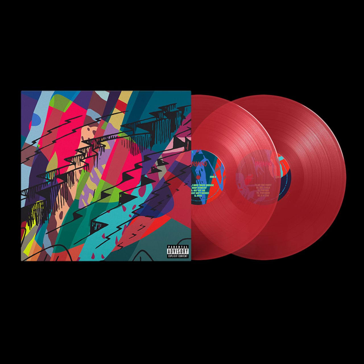 Zwei rote Vinylplatten mit einem farbenfrohen Albumcover auf schwarzem Grund.