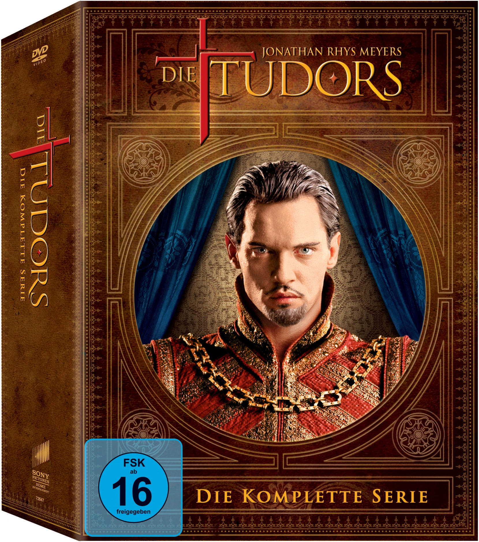 DVD-Box-Set von 'Die Tudors' mit Jonathan Rhys Meyers. Braun-goldenes Design.