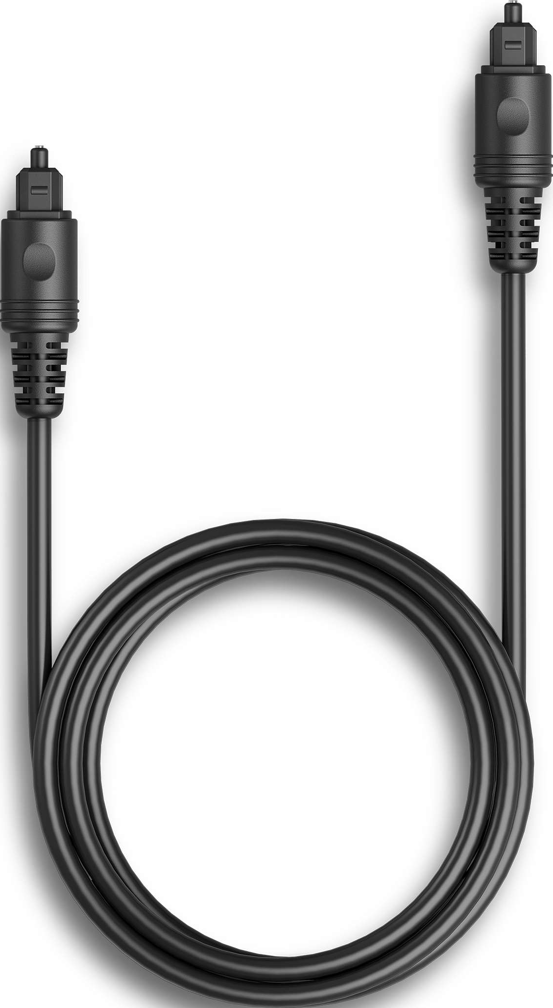 Ein schwarzes optisches Audiokabel, aufgerollt, vor weißem Hintergrund.