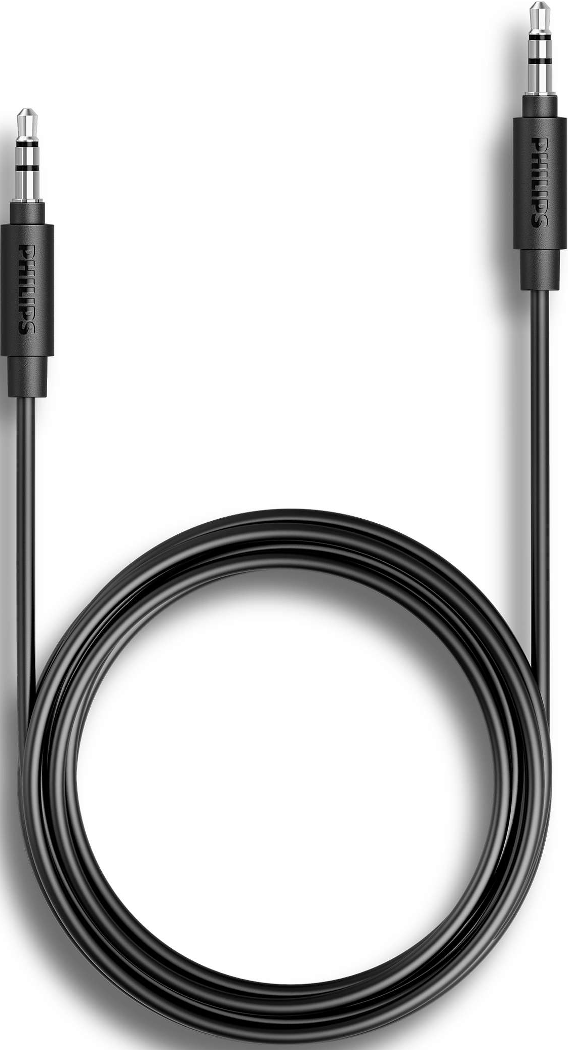 Schwarzes Audiokabel mit zwei 3,5-mm-Klinken. Philips-Marke auf jedem Stecker. Weißer Hintergrund.