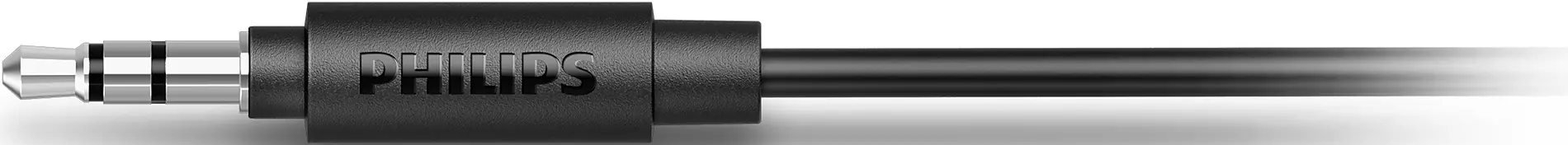 Nahaufnahme eines schwarzen Kabels mit 3,5-mm-Audioanschluss und Philips-Logo.