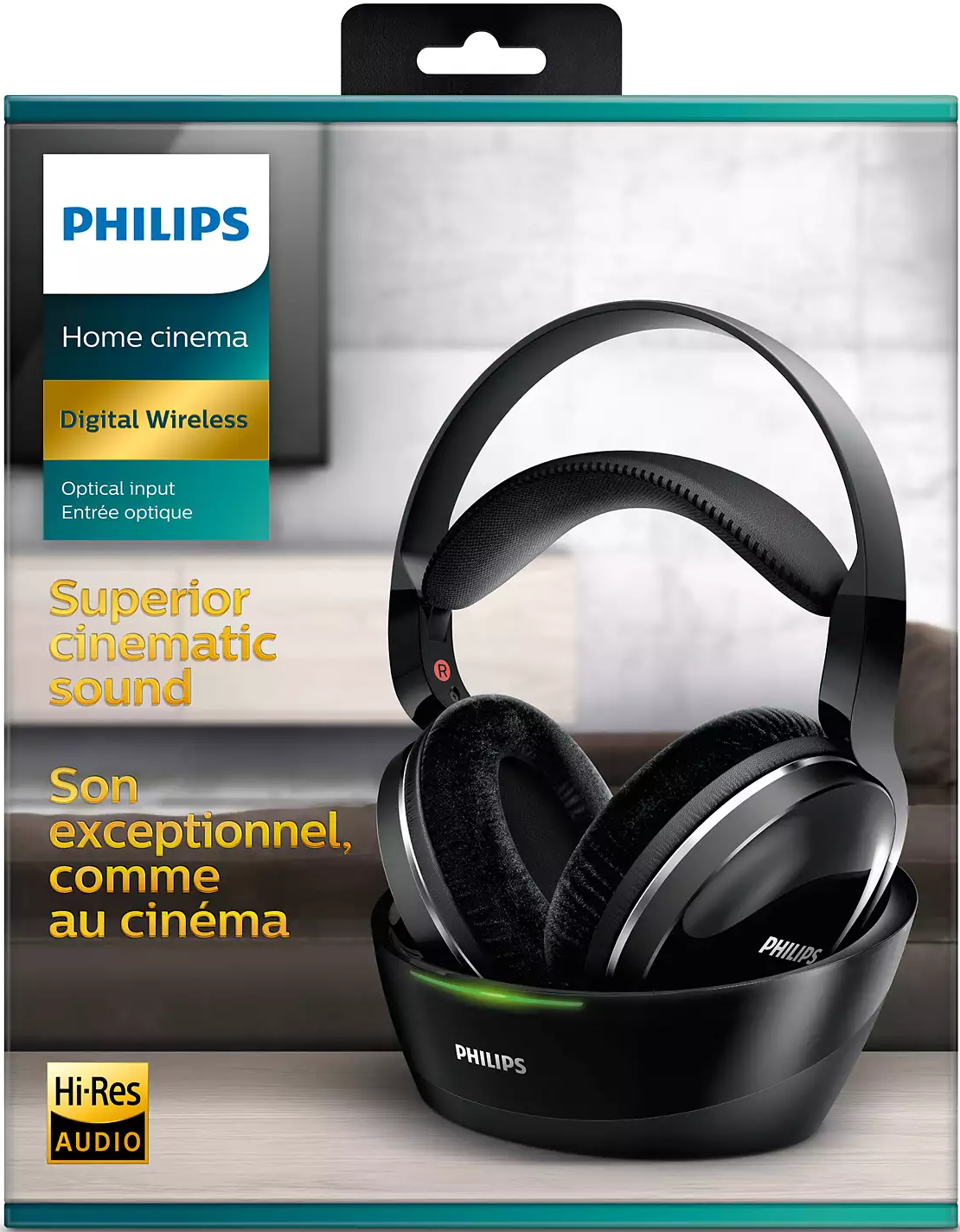 Philips Kopfhörer in einer schwarzen Ladestation mit Text.