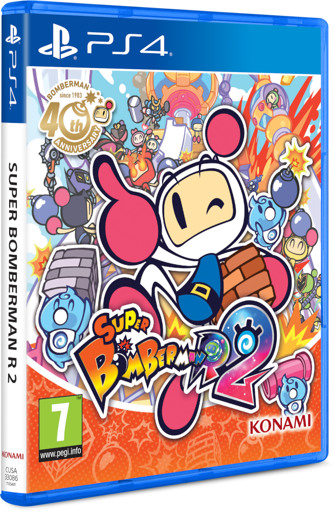 Kék PS4-es játéktok. Super Bomberman R 2 játék borítója. Rajzfilm stílus Bomberman karakterekkel.