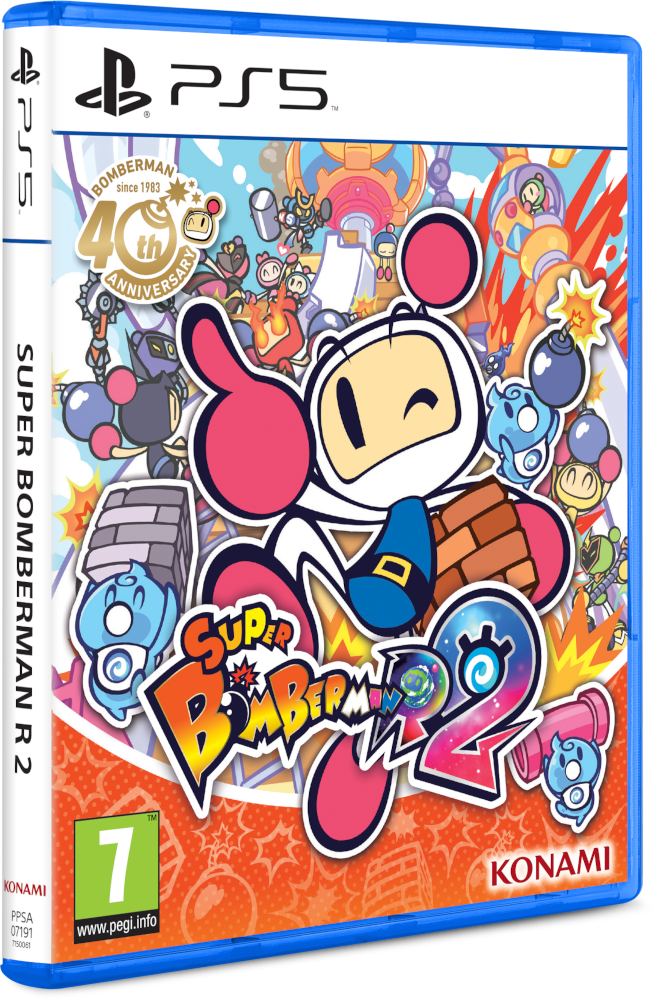 PS5 játék doboz Bomberman karakterekkel és logóval. Kék háttér.