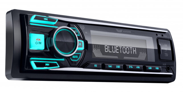 Czarny radioodtwarzacz samochodowy z niebieskimi światłami i przyciskami.