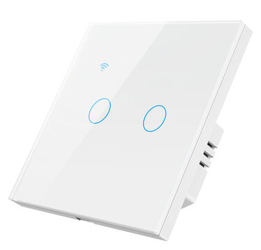 Biały inteligentny włącznik światła z dwoma przyciskami dotykowymi i symbolem Wi-Fi.