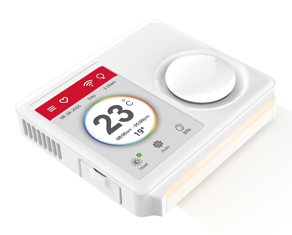 Biały inteligentny termostat z ekranem pokazującym temperaturę i ustawienia.