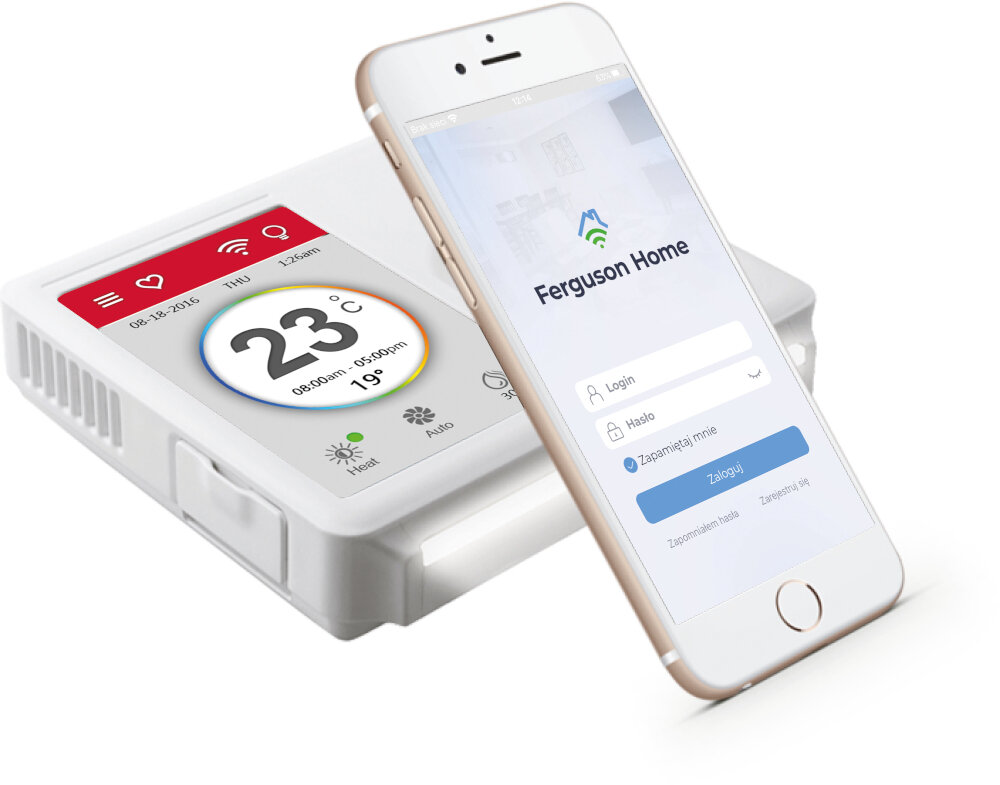 Panel sterowania inteligentnym domem z telefonem pokazującym interfejs aplikacji do zarządzania domem.