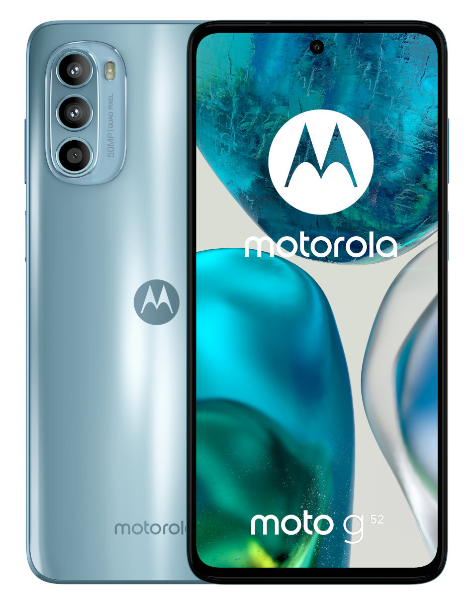Smartfon Motorola Moto G52, jasnoniebieski, pod kątem, z ekranem z logo.