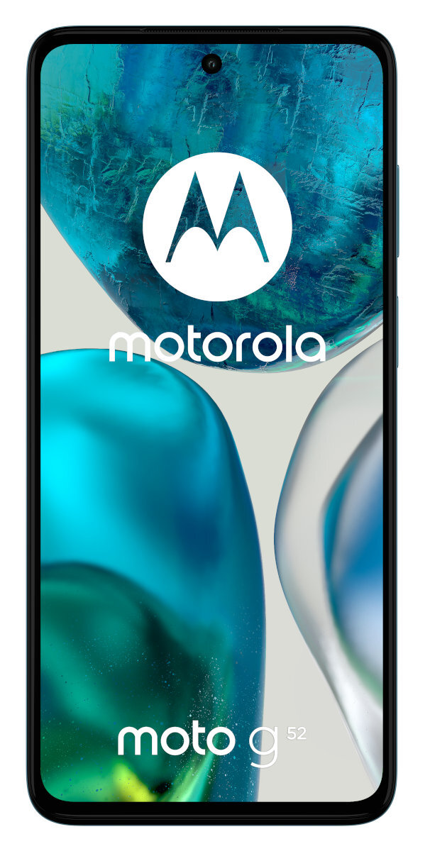 Telefon Motorola z niebiesko-białym tłem, z logo i moto g52.