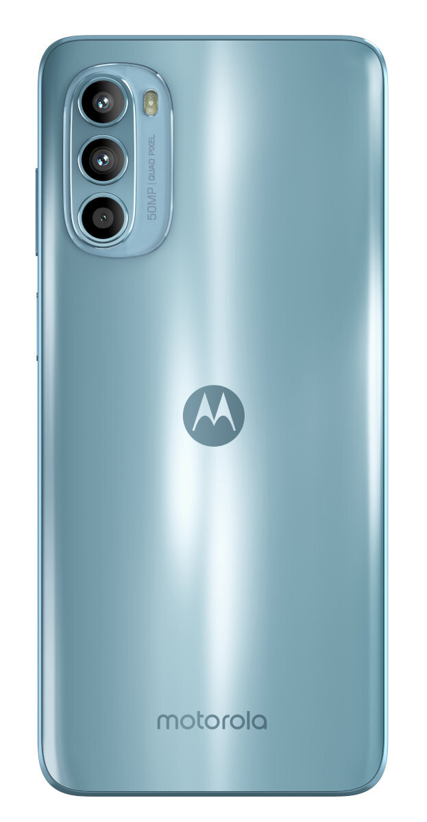 Tył jasnoniebieskiego telefonu Motorola, pokazujący aparat, logo i nazwę marki.