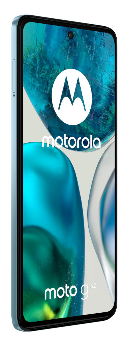 Jasnoniebieski telefon Motorola jest wyświetlany pod kątem, pokazując ekran.