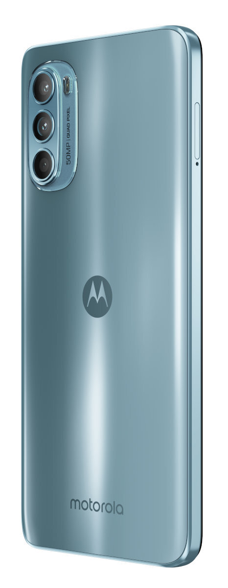 Tył niebieskiego telefonu Motorola z trzema aparatami.
