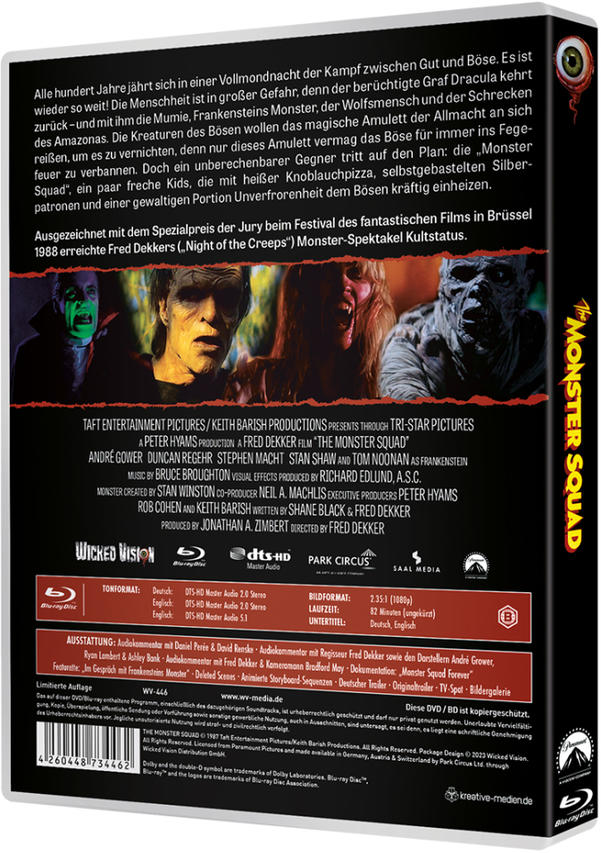 DVD-Hülle mit Text und Bildern eines Horrorfilms. Rückseite, Details und Credits.