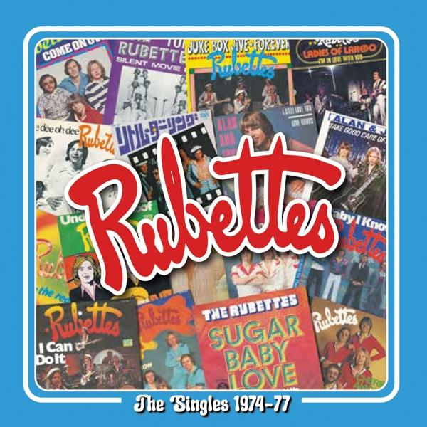 Albumcover mit verschiedenen Rubettes-Albumcovern auf blauem Hintergrund mit rotem Rubettes-Logo.
