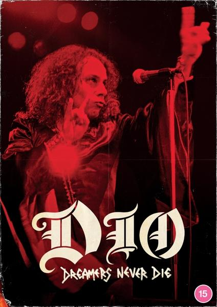 Album borító DIO-val, pirosban fellépővel és Dreamers Never Die szöveggel.