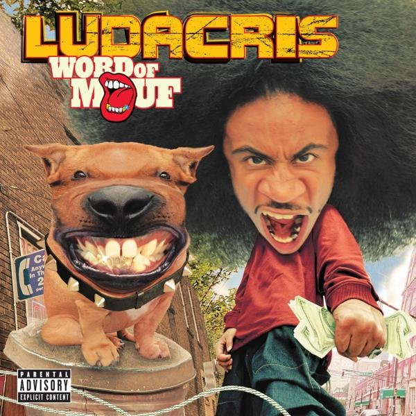 Ludacris album borító: rajzolt kutya, Ludacris afroval, pénzt tart.