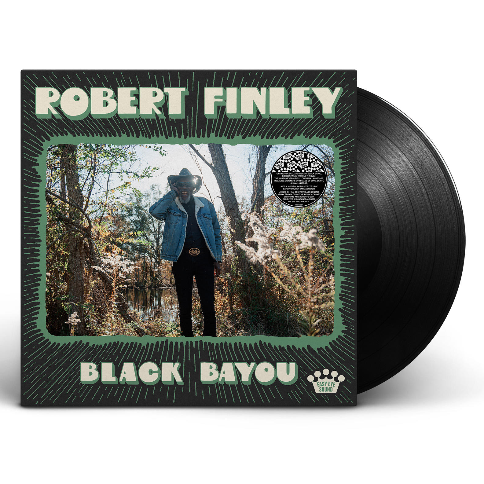Album borító: Robert Finley farmerdzsekiben, cowboy kalapban, a bayou előtt. Fekete bakelit lemez az oldalon.