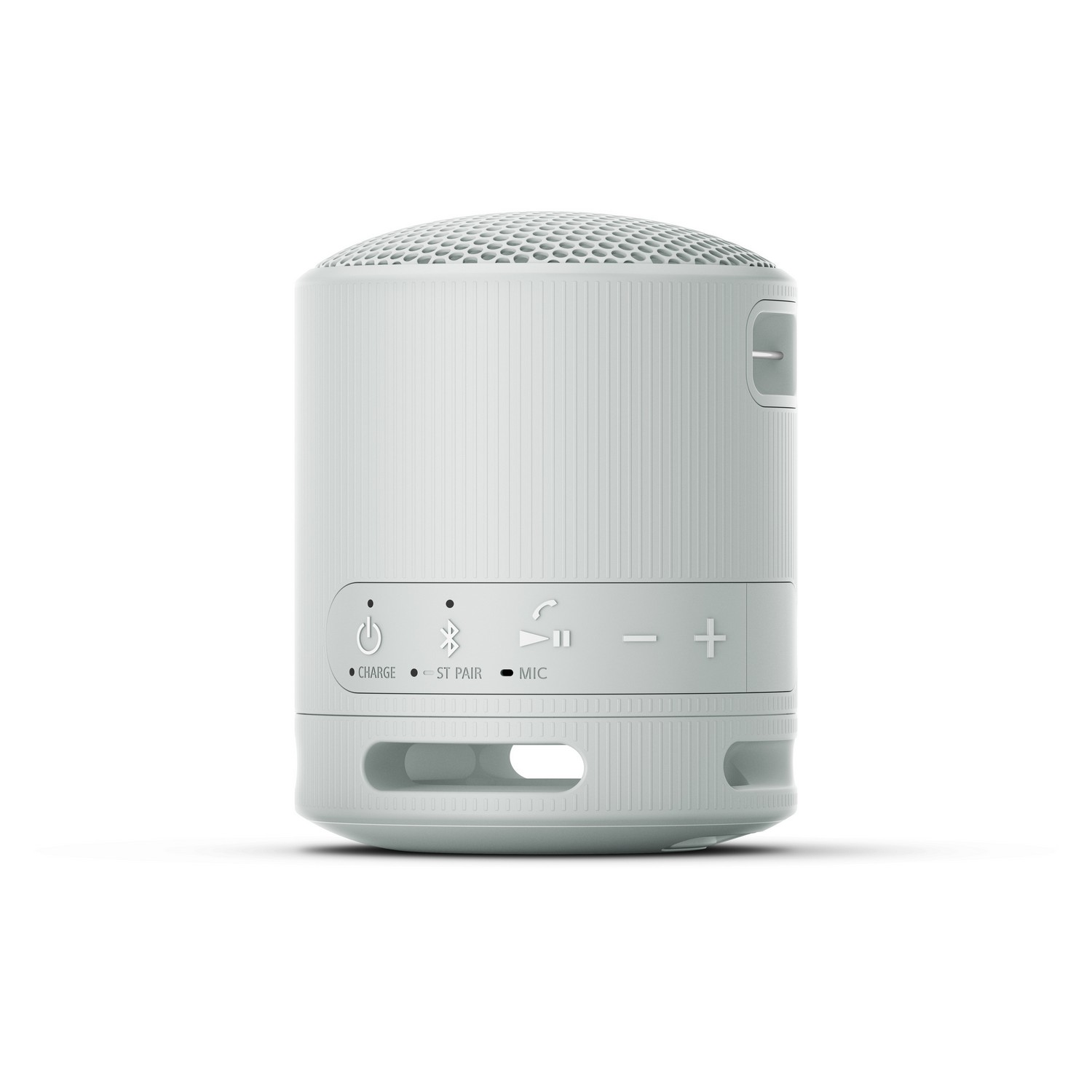 Haut-parleur cylindrique blanc avec boutons. Affiche les commandes d'alimentation, Bluetooth et volume.