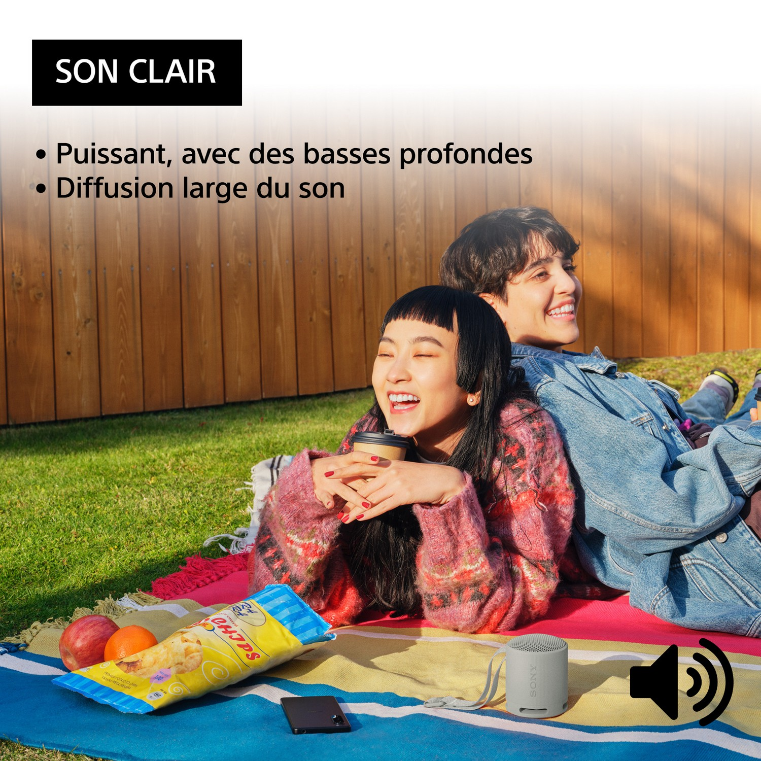 Des gens se détendent sur une couverture avec des collations et un haut-parleur.