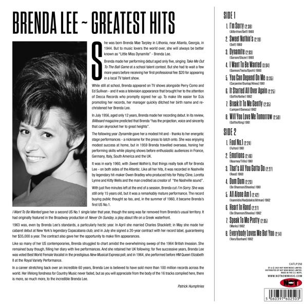Eine Seite aus einer Zeitschrift mit Text und einem Foto von Brenda Lee sowie die Titelliste des Albums 'Brenda Lee~Greatest Hits'.