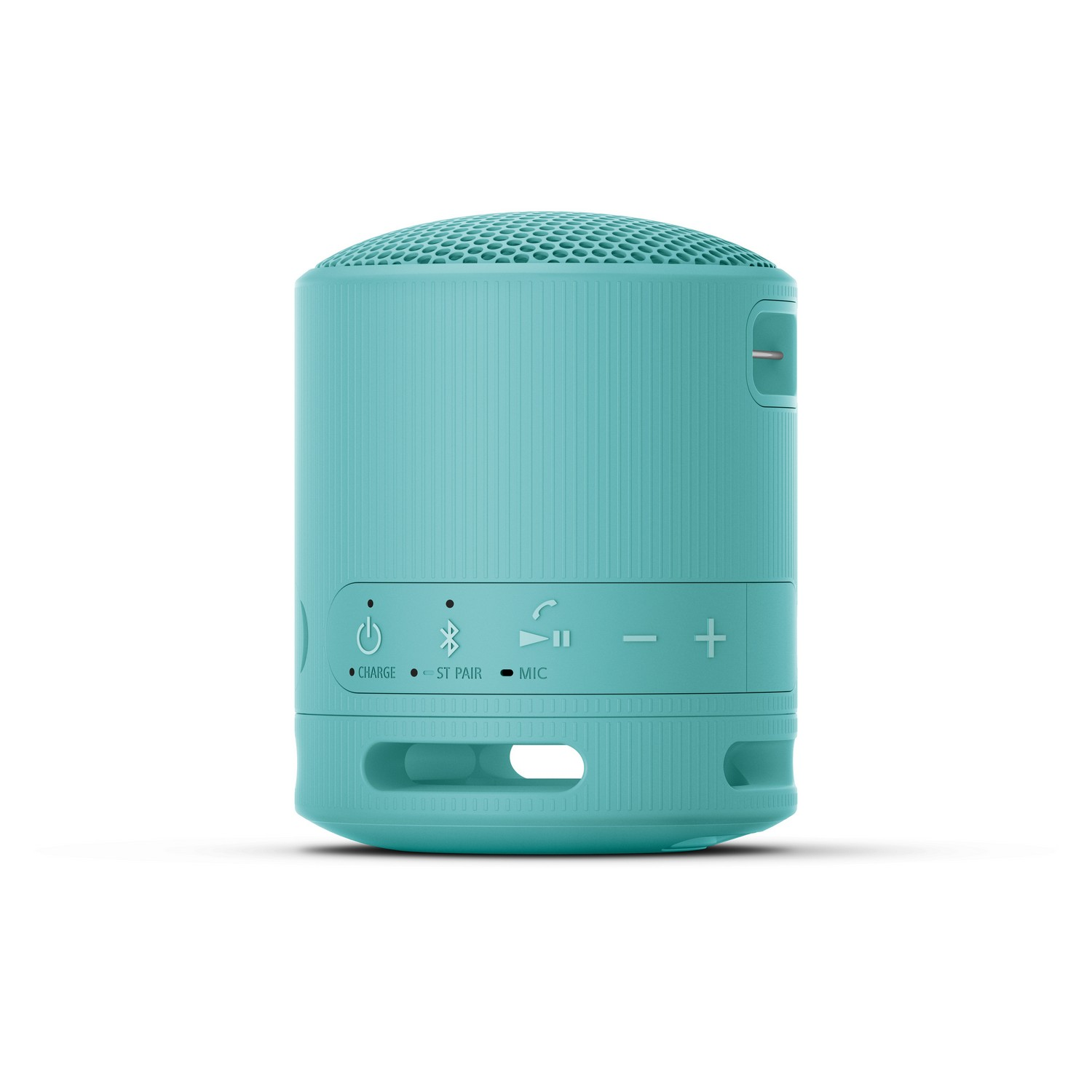 Haut-parleur portable de couleur turquoise avec boutons de commande, sur fond blanc.