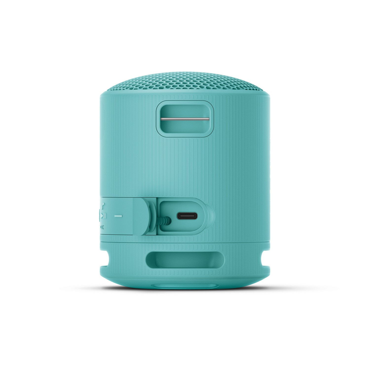 Une enceinte portable cylindrique turquoise avec des boutons et un port USB-C.