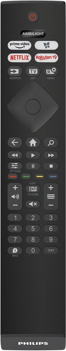 Czarny pilot do telewizora Philips z wieloma przyciskami i logo Ambilight.