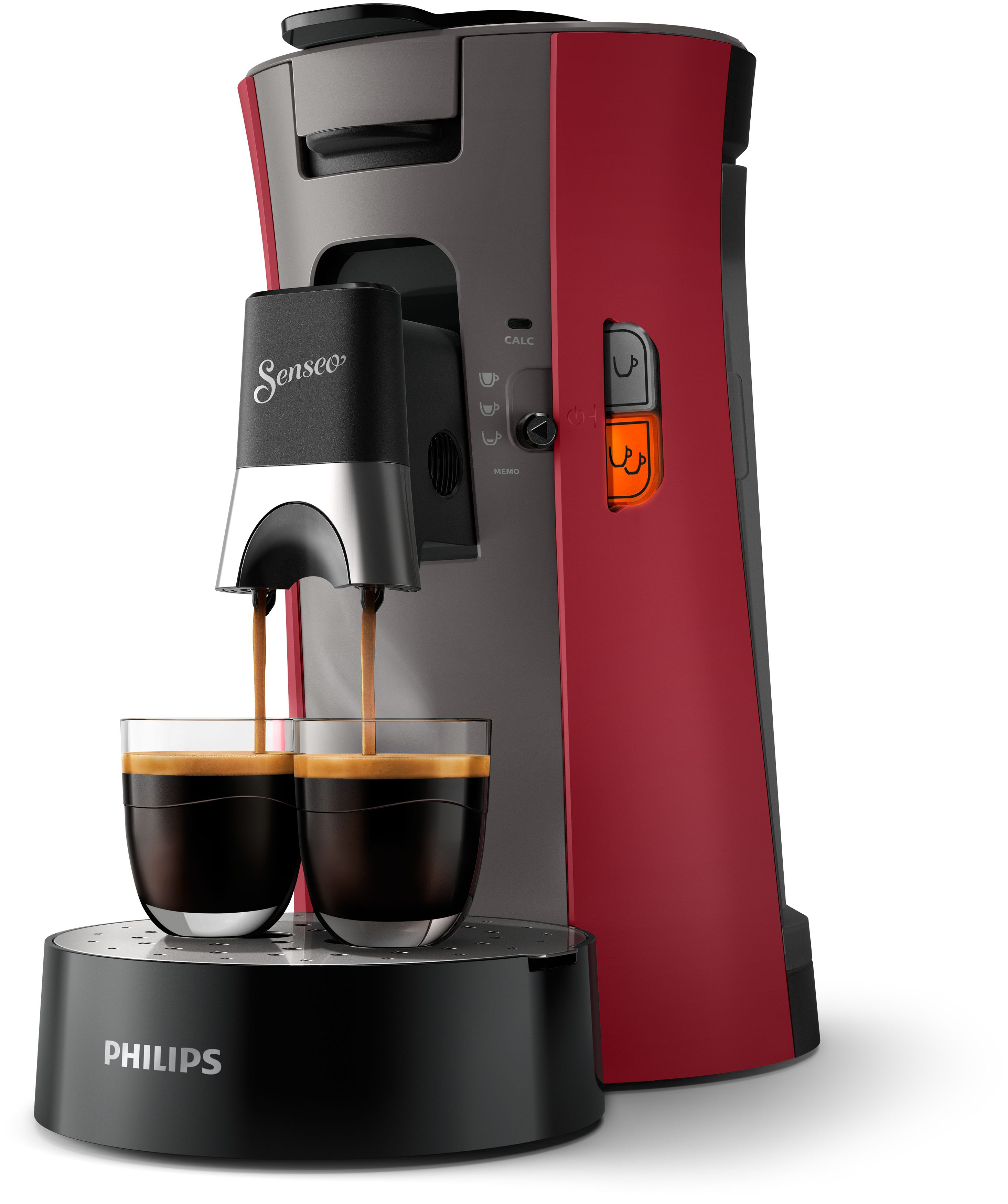 Eine rot-graue Senseo-Kaffeemaschine, die Kaffee in Gläser zubereitet.