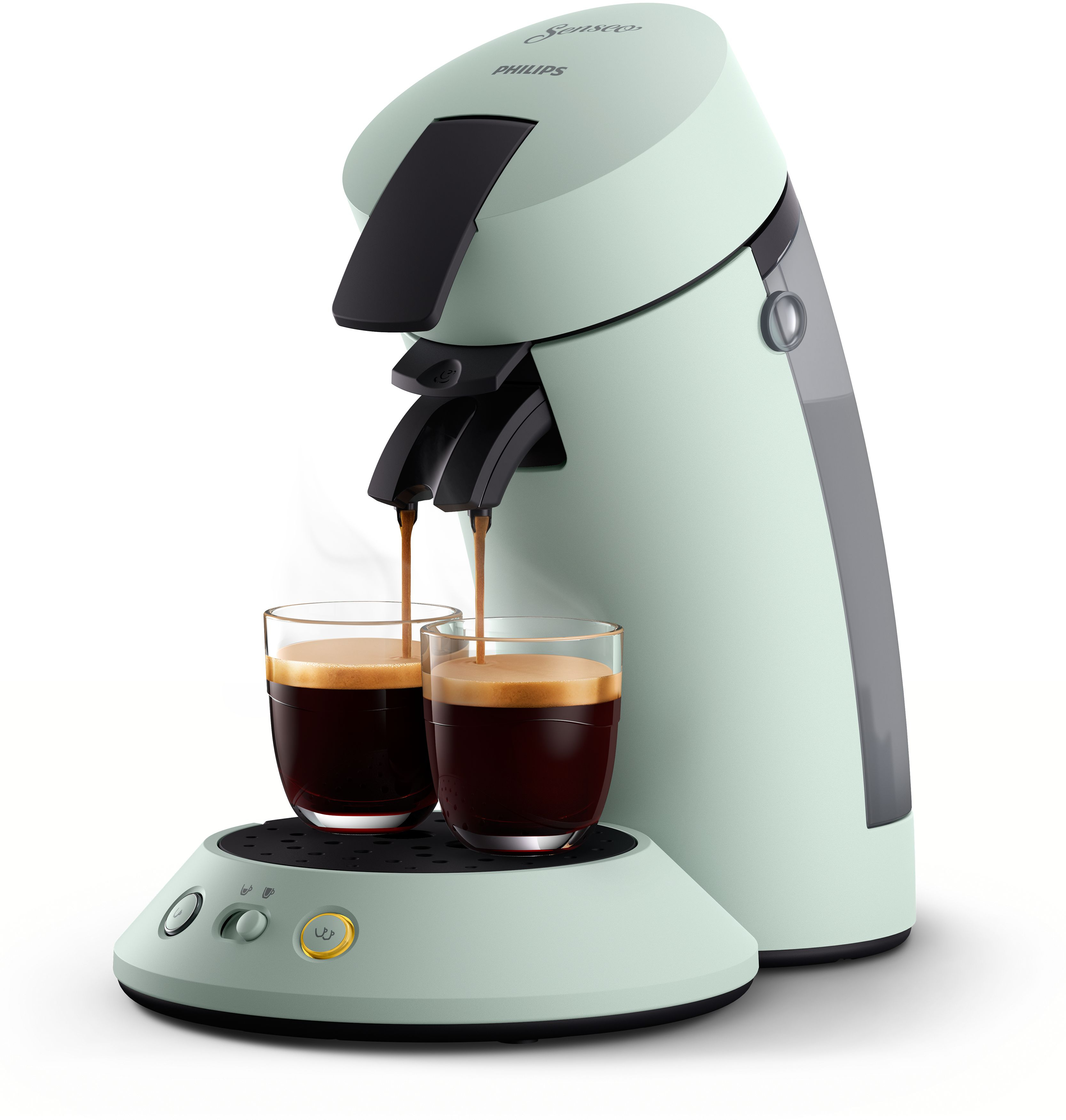 Grüne Philips Senseo Kaffeemaschine, die zwei Tassen Kaffee in Gläser brüht.