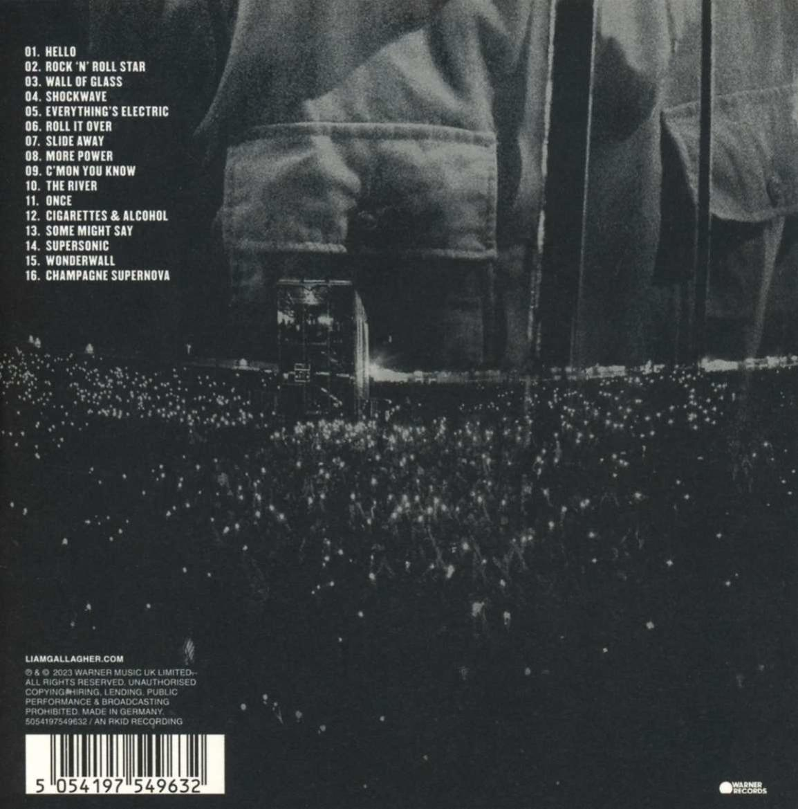 Albumcover mit Trackliste für Liam Gallaghers Album mit schwarzem Hintergrund und weißem Text.