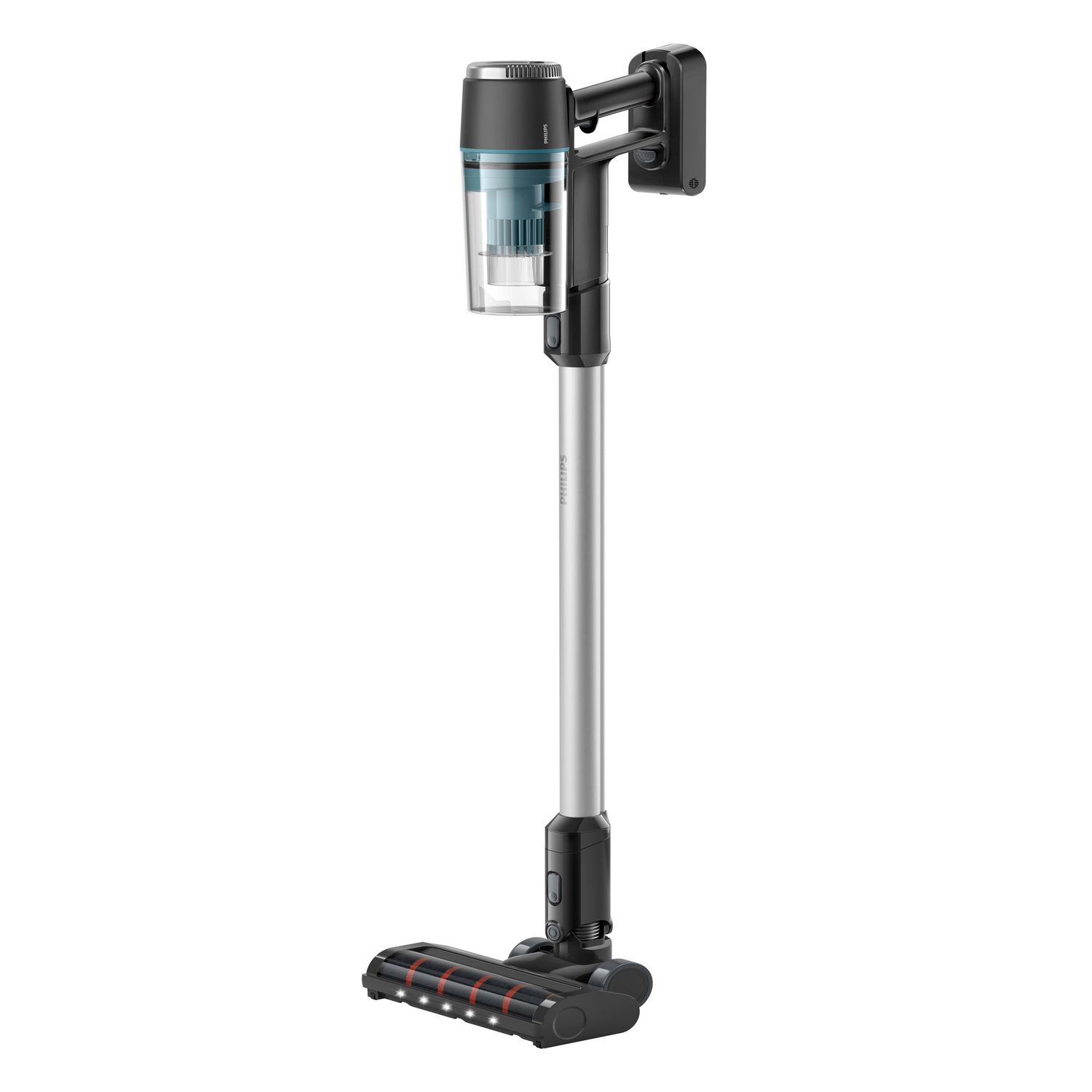 Cordless vacuum cleaner, silver and black, standing upright. Showing the handle, body and brush.