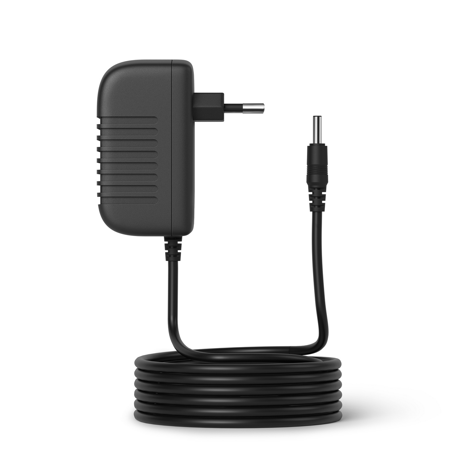 A black power adapter with a cable and plug on a white background.