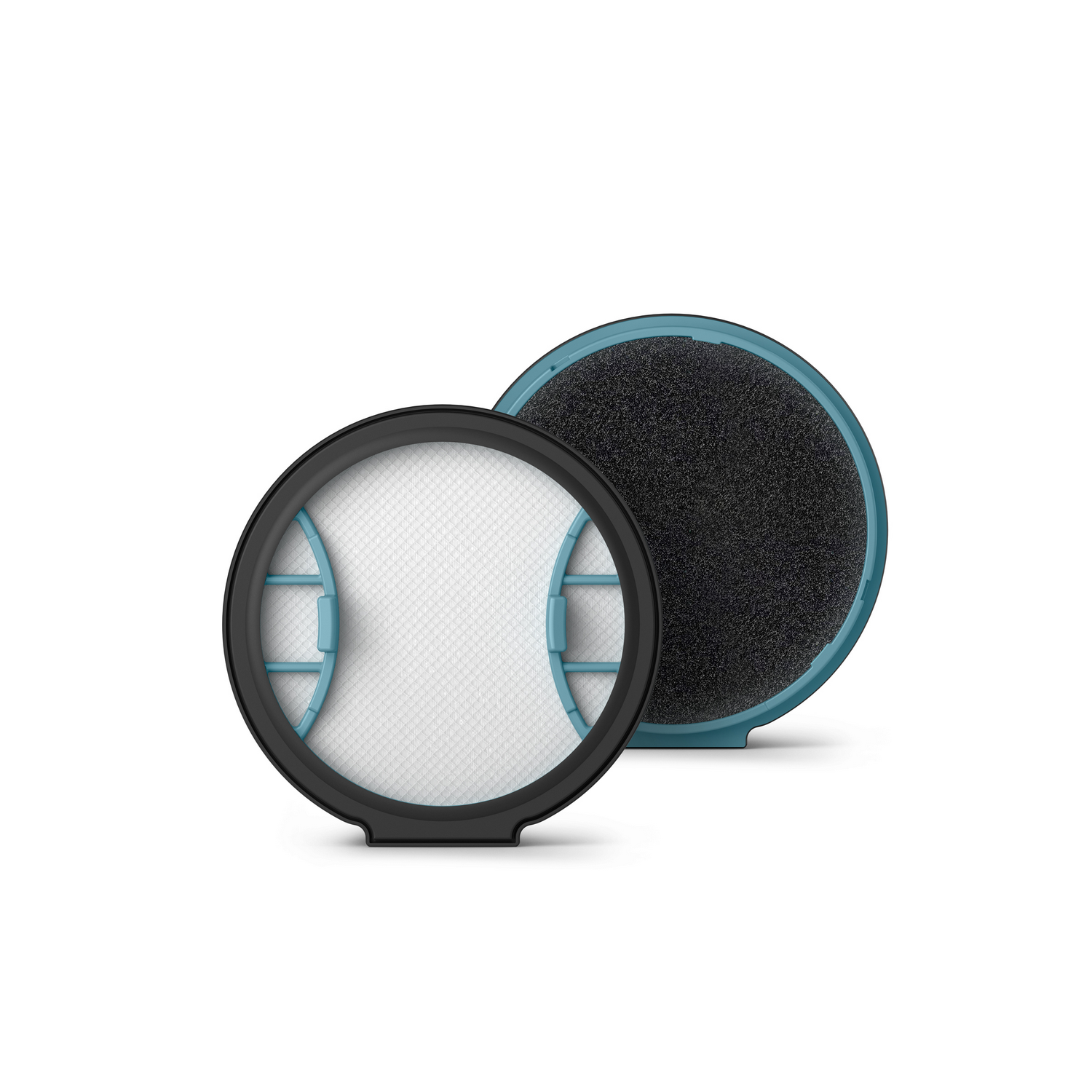 Two circular vacuum cleaner filters, one with a black frame and white mesh and one with a blue frame.