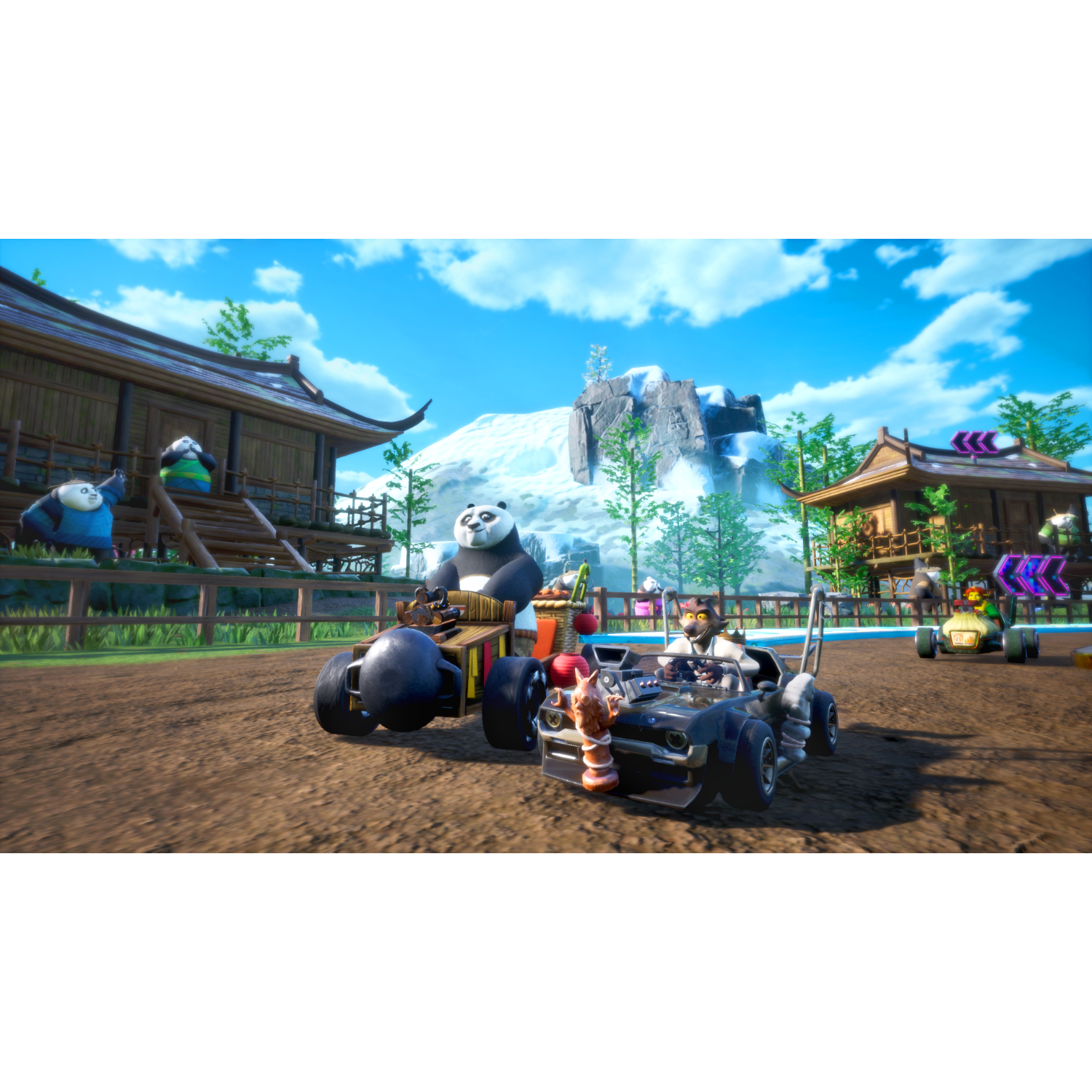 Cartoon racescène met panda en bestuurder in go-karts, baan op de voorgrond, huizen op de achtergrond.