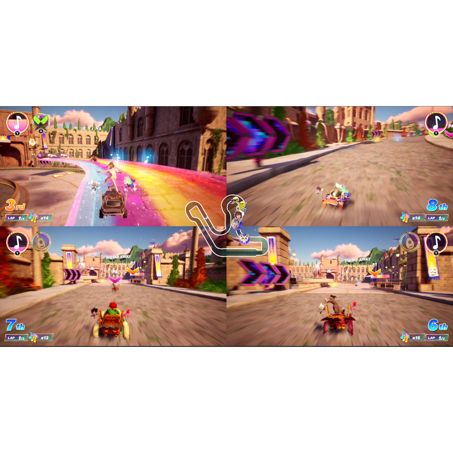 Vier afbeeldingen in split-screen van een kartracespel. Verschillende personages.