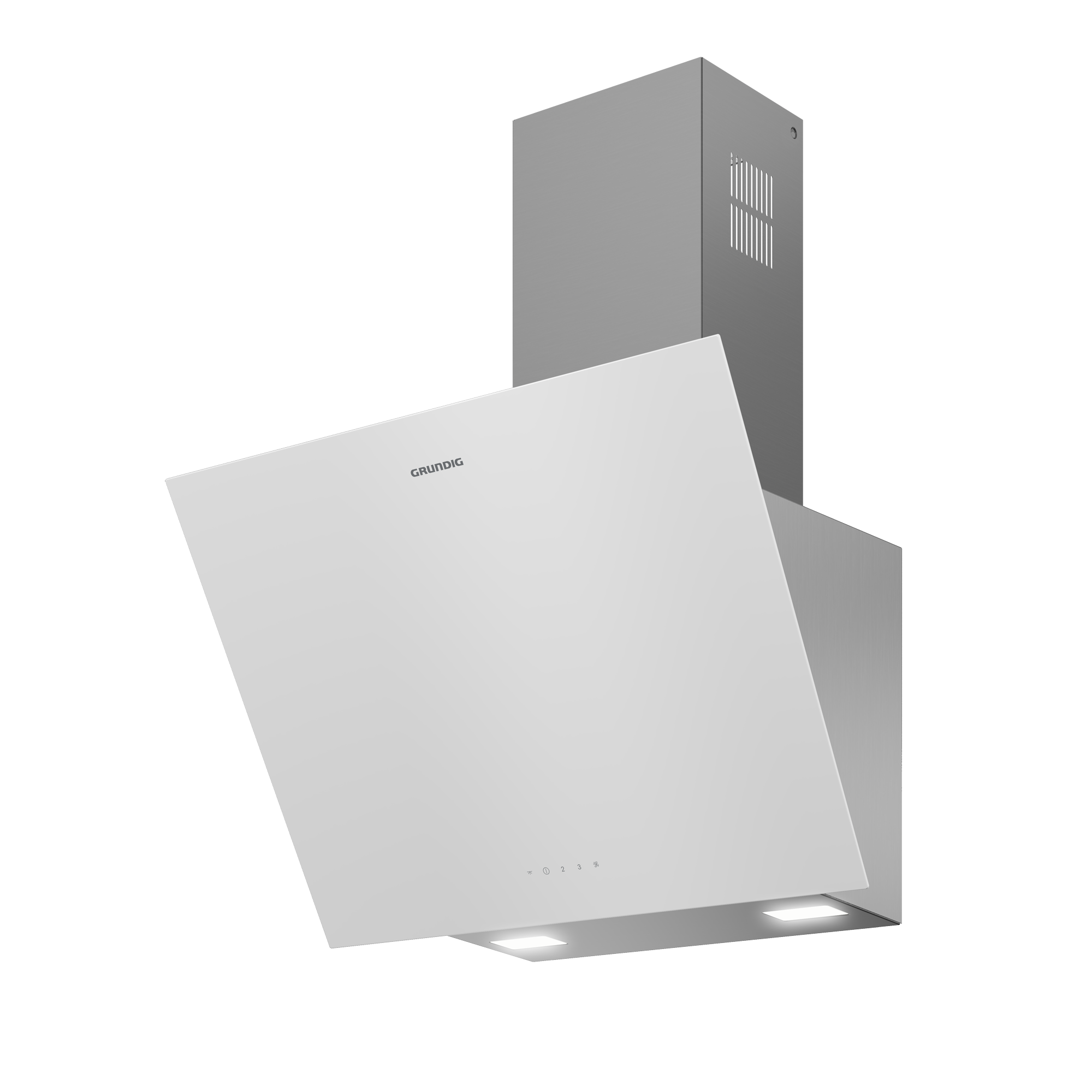Modern Grundig davlumbaz. Davlumbaz, paslanmaz çelik bacalı beyaz renktedir. Siyah arka plan.