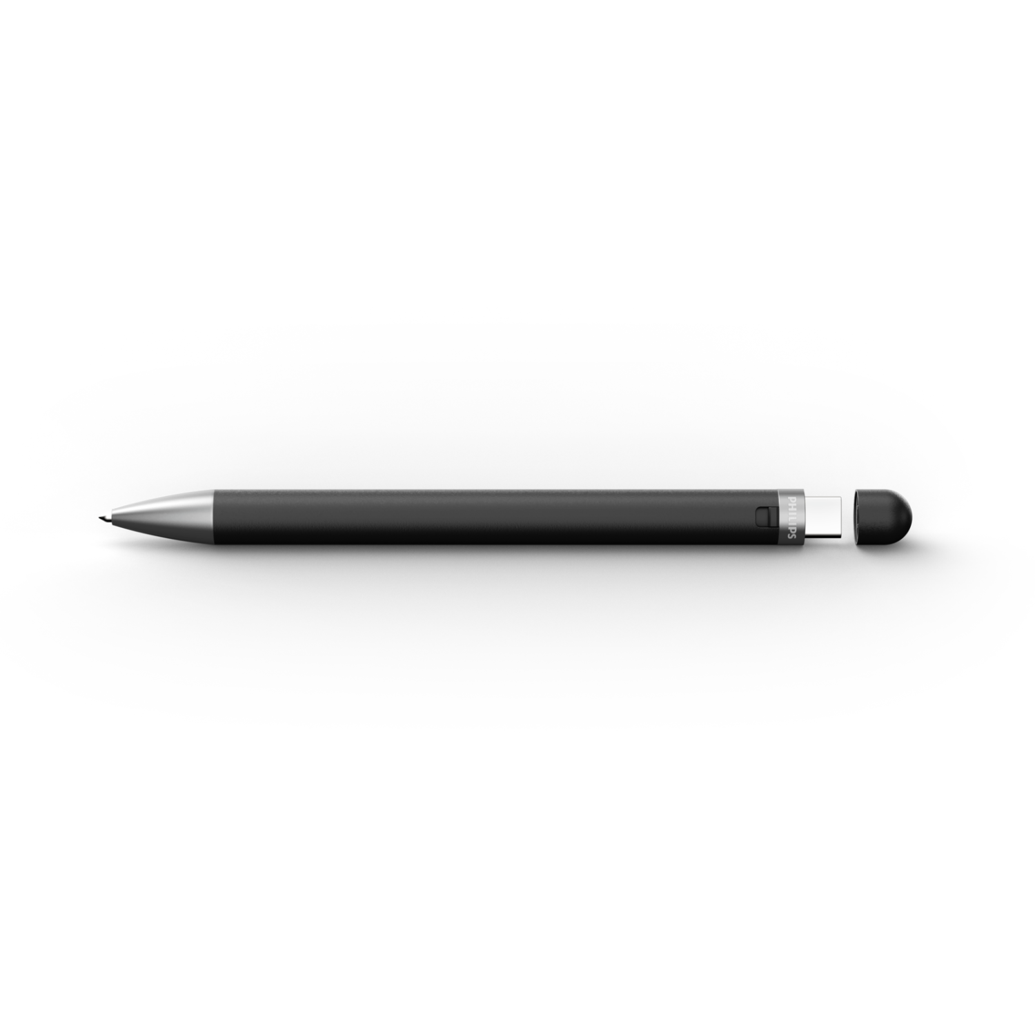 A black stylus pen on a black background. The pen has a silver tip and a cap.