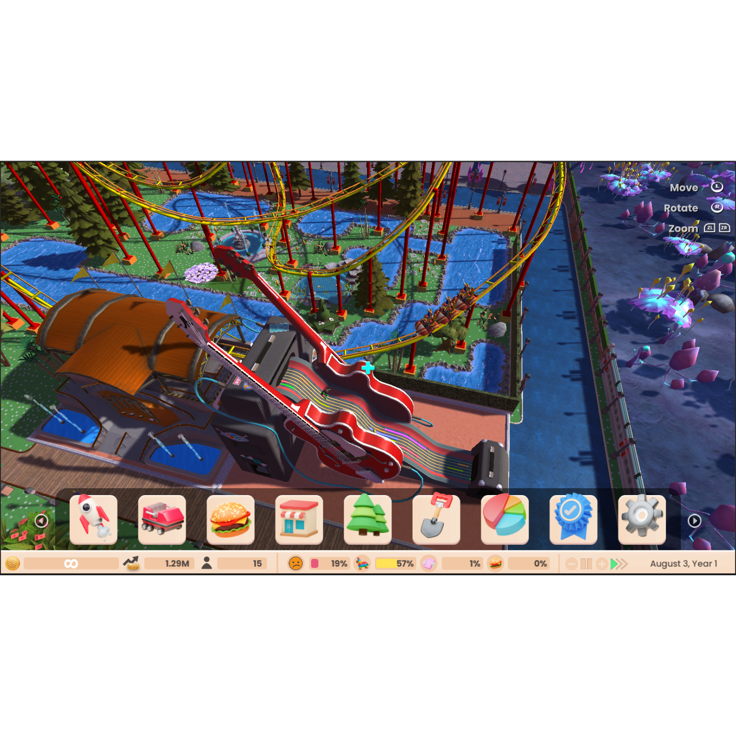 A computer game scene with a roller coaster, guitars, and various icons.