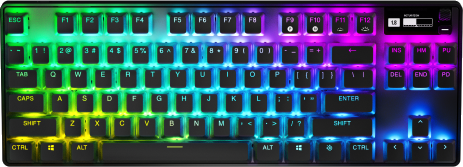 RGB-toetsenbord met meerdere toetsen, lichteffecten en zwart frame.