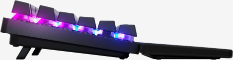 Zwart gaming toetsenbord met paarse en blauwe lichten.