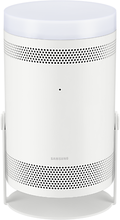 Fehér hengeres projektor Samsung logóval és perforációkkal.