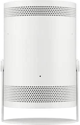 Fehér hengeres eszköz perforációkkal, állvánnyal. Van egy fekete pontja.