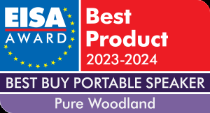 Auszeichnungsplakette. Roter und weißer Text: Bestes Produkt 2023-2024. Text: Best Buy Portable Speaker.