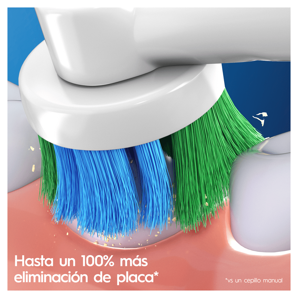 Cepillo dental eléctrico limpiando dientes, texto en español.