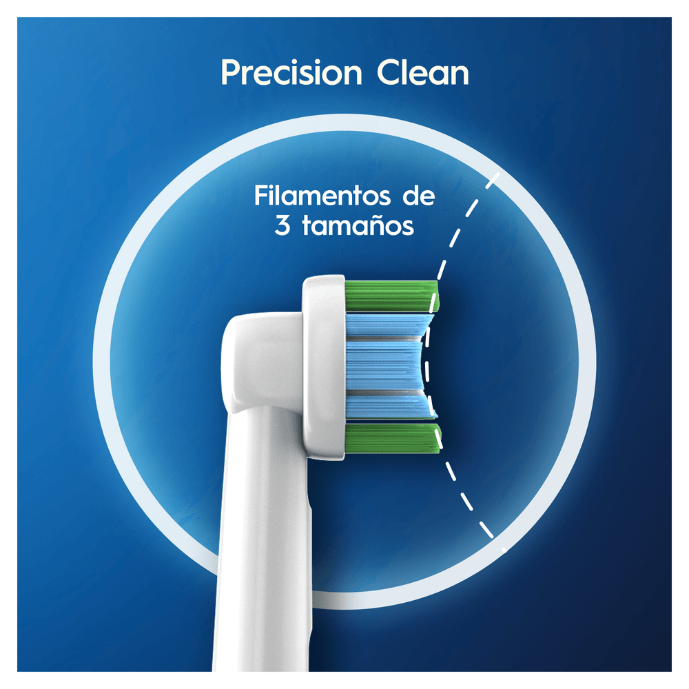 Primer plano del cabezal de un cepillo de dientes con cerdas verdes y azules.