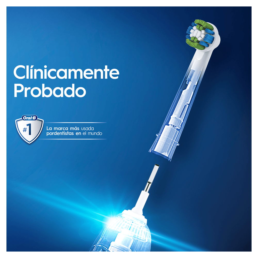 Primer plano del cabezal de un cepillo de dientes eléctrico con superposición de texto.