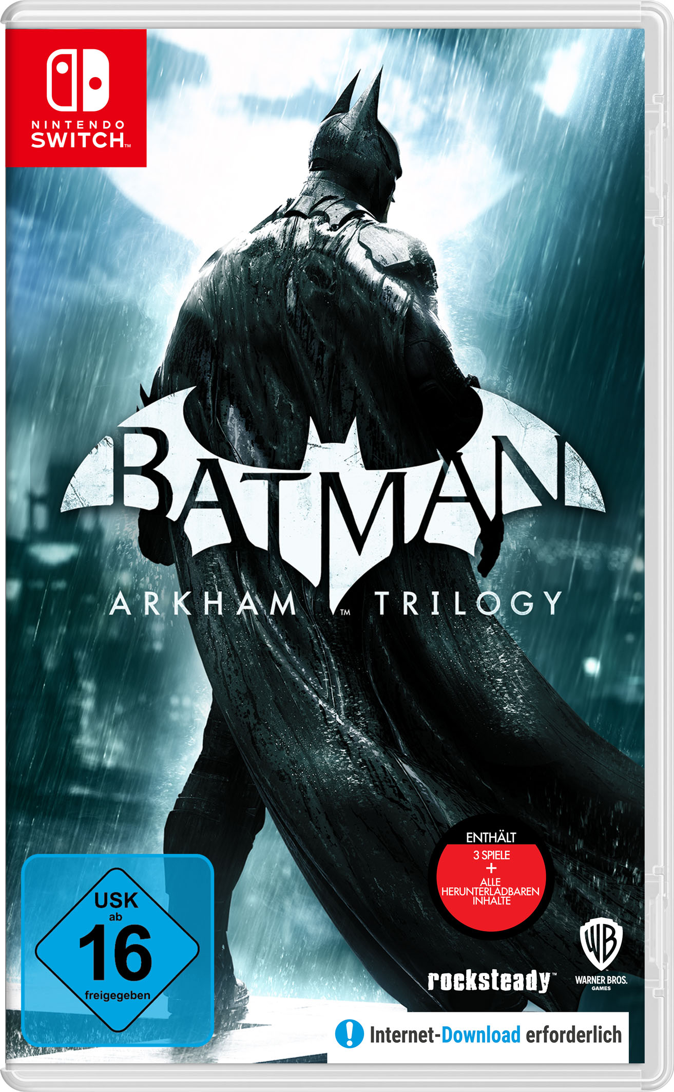Batman Arkham Trilogy Spielhülle für Nintendo Switch. Batman in dunklem Umhang. USK 16.
